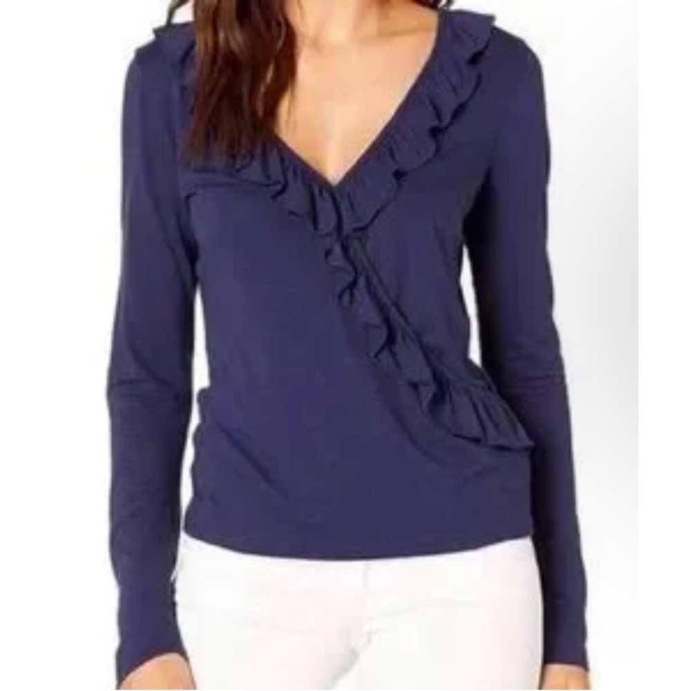 Lilly Pulitzer Navy Blue Ruffle V-Neck Long Sleeve Pima Cotton Modal Top Small